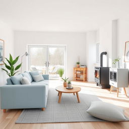 a Scandinavian living room in light tones and blue, featuring a large sliding door and a stove