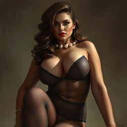 A realistic portrait of a voluptuous woman inspired by Natalie Portman, showcasing a glamorous appearance with big cleavage