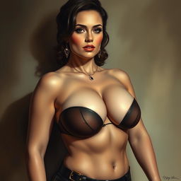 A realistic portrait of a voluptuous woman inspired by Natalie Portman, showcasing a glamorous appearance with big cleavage