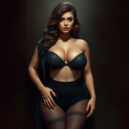 A realistic portrait of a voluptuous woman inspired by Natalie Portman, showcasing a glamorous appearance with big cleavage