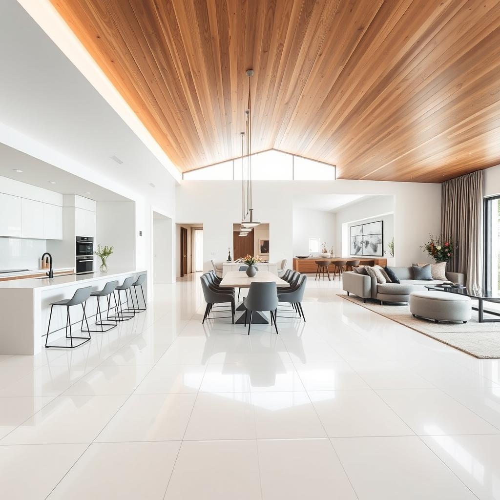 a modern kitchen, dining, and living room in an L-shaped layout, featuring a wooden ceiling and white porcelain tile floors