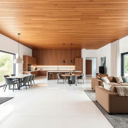 a modern kitchen, dining, and living room in an L-shaped layout, featuring a wooden ceiling and white porcelain tile floors