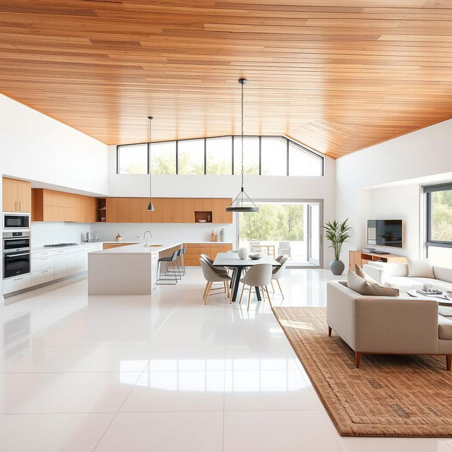 a modern kitchen, dining, and living room in an L-shaped layout, featuring a wooden ceiling and white porcelain tile floors