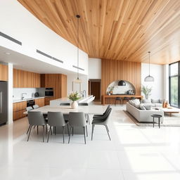 a modern kitchen, dining, and living room in an L-shaped layout, featuring a wooden ceiling and white porcelain tile floors