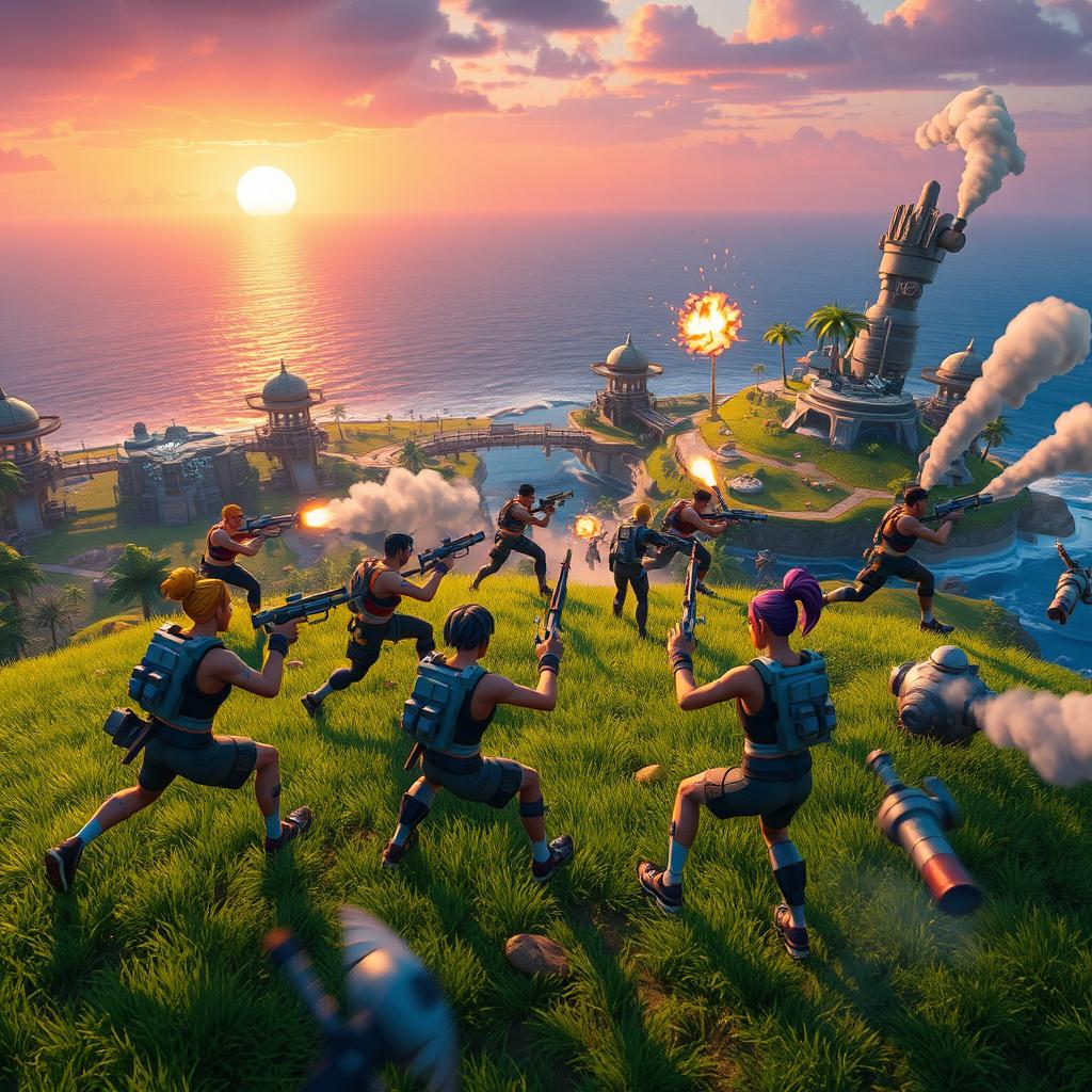 A group of Fortnite characters in an intense battle scene on a futuristic island with lush greenery and advanced technology