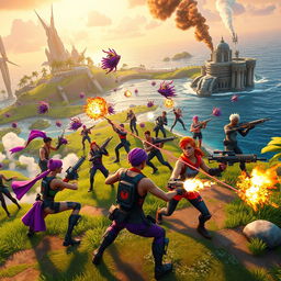 A group of Fortnite characters in an intense battle scene on a futuristic island with lush greenery and advanced technology