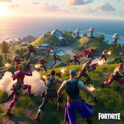 A group of Fortnite characters in an intense battle scene on a futuristic island with lush greenery and advanced technology