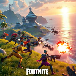 A group of Fortnite characters in an intense battle scene on a futuristic island with lush greenery and advanced technology