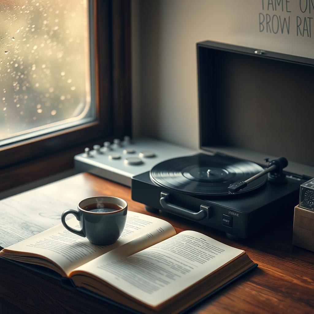 A cozy lo-fi aesthetic image featuring a vintage record player on a wooden desk