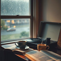 A cozy lo-fi aesthetic image featuring a vintage record player on a wooden desk