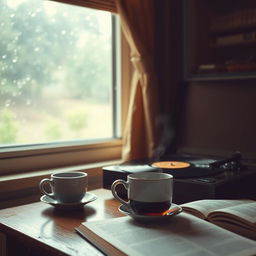 A cozy lo-fi aesthetic image featuring a vintage record player on a wooden desk