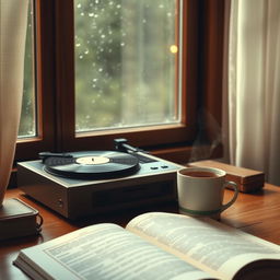 A cozy lo-fi aesthetic image featuring a vintage record player on a wooden desk