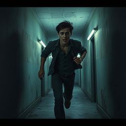 A young man running frantically through a dimly lit, decrepit asylum hallway inspired by the horror video game Outlast