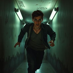 A young man running frantically through a dimly lit, decrepit asylum hallway inspired by the horror video game Outlast