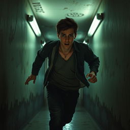 A young man running frantically through a dimly lit, decrepit asylum hallway inspired by the horror video game Outlast