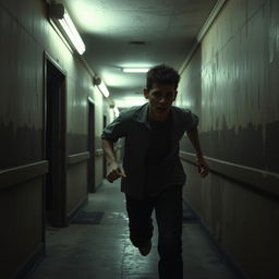 A young man running frantically through a dimly lit, decrepit asylum hallway inspired by the horror video game Outlast