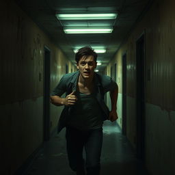 A young man running frantically through a dimly lit, decrepit asylum hallway inspired by the horror video game Outlast