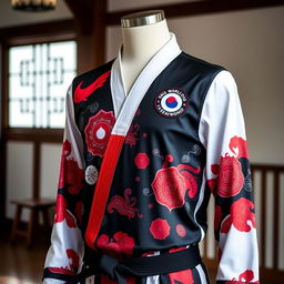 A high-quality taekwondo jersey showcased on a mannequin with a vibrant pattern featuring traditional Korean motifs