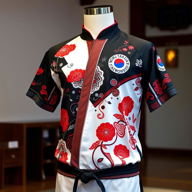 A high-quality taekwondo jersey showcased on a mannequin with a vibrant pattern featuring traditional Korean motifs