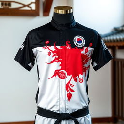 A high-quality taekwondo jersey showcased on a mannequin with a vibrant pattern featuring traditional Korean motifs