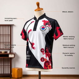 A high-quality taekwondo jersey showcased on a mannequin with a vibrant pattern featuring traditional Korean motifs