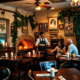 A cozy and welcoming Italian restaurant interior, with rustic wooden tables, a brick oven in the corner, and candles providing a warm glow