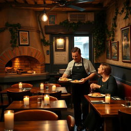 A cozy and welcoming Italian restaurant interior, with rustic wooden tables, a brick oven in the corner, and candles providing a warm glow