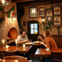 A cozy and welcoming Italian restaurant interior, with rustic wooden tables, a brick oven in the corner, and candles providing a warm glow