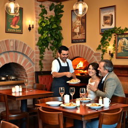 A cozy and welcoming Italian restaurant interior, with rustic wooden tables, a brick oven in the corner, and candles providing a warm glow