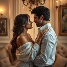 An intimate moment between a couple expressed artistically, capturing the essence of passion and connection, set in a softly lit room with elegant decor that adds to the romantic atmosphere