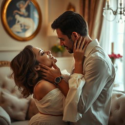 An intimate moment between a couple expressed artistically, capturing the essence of passion and connection, set in a softly lit room with elegant decor that adds to the romantic atmosphere