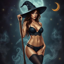 A seductive brunette witch wearing a pointy hat and holding a broomstick