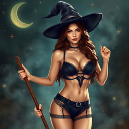 A seductive brunette witch wearing a pointy hat and holding a broomstick