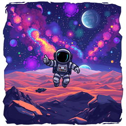 A space landscape with an astronaut, illustrated in pixel art style