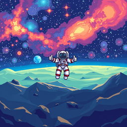 A space landscape with an astronaut, illustrated in pixel art style