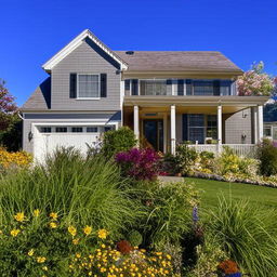 A cozy, beautiful home with a lush green lawn and colorful flowers surrounding it. The home flaunts a charming, welcoming aura under a clear blue sky.