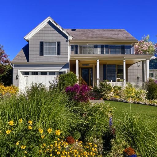 A cozy, beautiful home with a lush green lawn and colorful flowers surrounding it. The home flaunts a charming, welcoming aura under a clear blue sky.