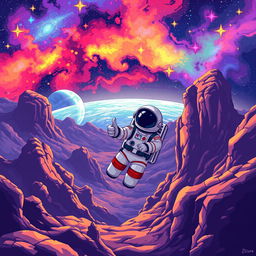 A space landscape with an astronaut, illustrated in pixel art style