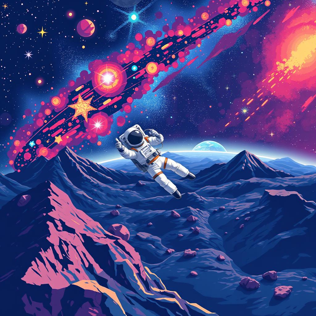 A space landscape with an astronaut, illustrated in pixel art style