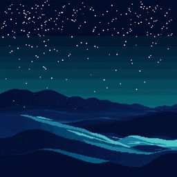 A PC wallpaper of a space landscape in pixel art style, featuring a backdrop of deep black colors with blue and green gradients