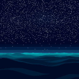 A PC wallpaper of a space landscape in pixel art style, featuring a backdrop of deep black colors with blue and green gradients