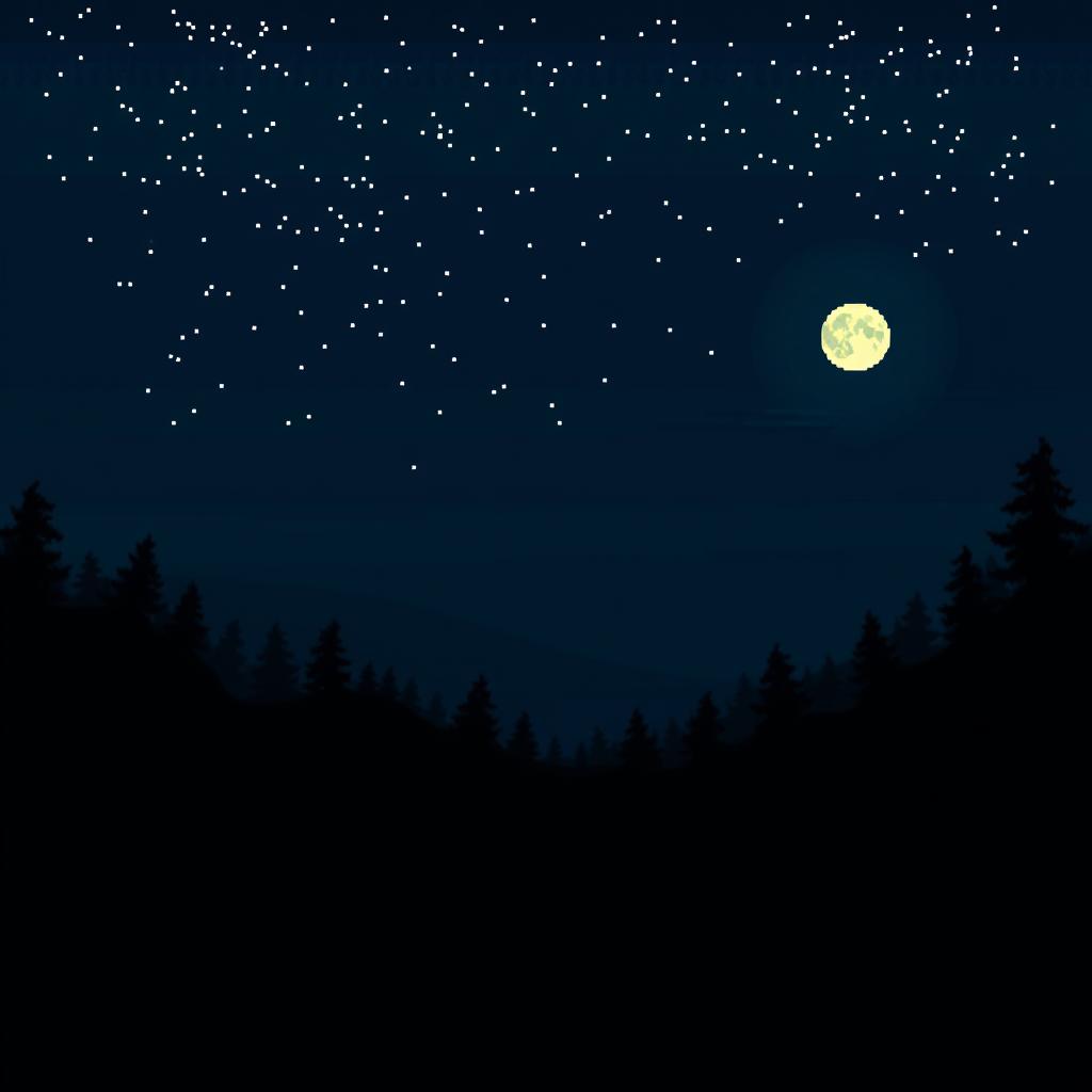 A PC wallpaper featuring a night-time landscape of a countryside or forest in pixel art style