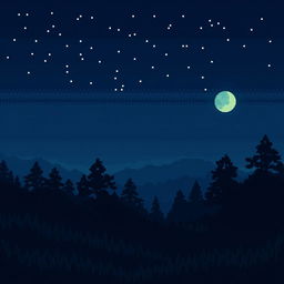 A PC wallpaper featuring a night-time landscape of a countryside or forest in pixel art style