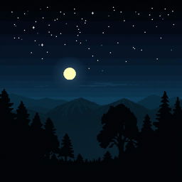 A PC wallpaper featuring a night-time landscape of a countryside or forest in pixel art style