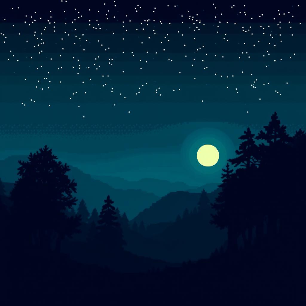 A PC wallpaper featuring a night-time landscape of a countryside or forest in pixel art style