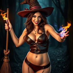 A seductive brunette witch with enchanting features, wearing a stylish leather bra and panties