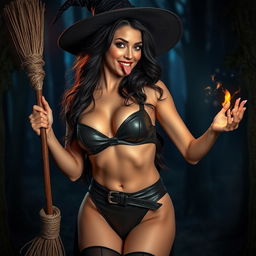 A seductive brunette witch with enchanting features, wearing a stylish leather bra and panties