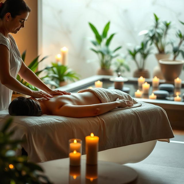 A serene and relaxing massage scene in a tranquil spa setting, featuring a person lying comfortably on a massage table draped with soft towels