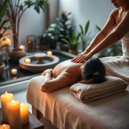 A serene and relaxing massage scene in a tranquil spa setting, featuring a person lying comfortably on a massage table draped with soft towels