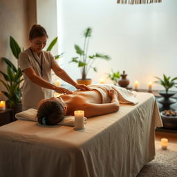 A serene and relaxing massage scene in a tranquil spa setting, featuring a person lying comfortably on a massage table draped with soft towels